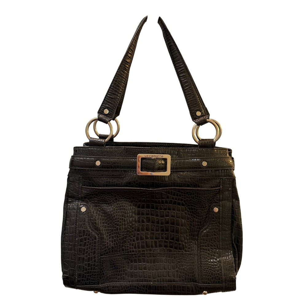 Liz Claiborne Black Croc Embossed Faux Leather Shoulder Bag Tote Silver Hardware